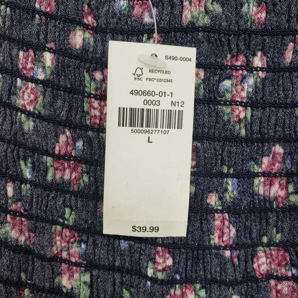 Old Navy Puff Sleeve Floral Smocked Wrap Blouse Top Women L Navy Long Sleeve